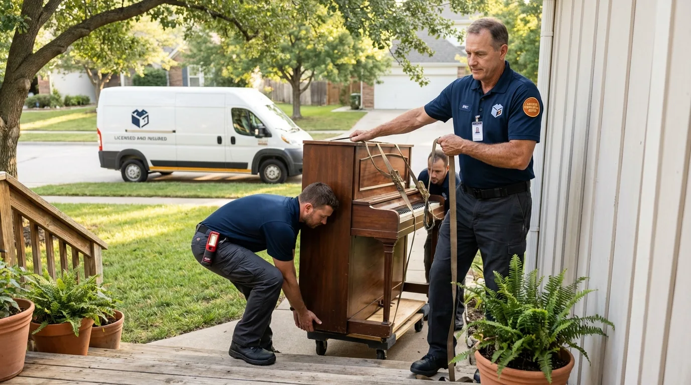 Licensed piano movers securing grand piano in Waterflow, NM