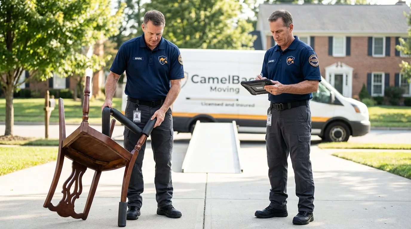 Movers inspecting furniture for damage prevention before loading in Waterflow, NM