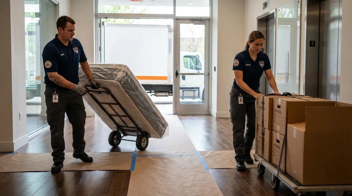 Professional apartment movers loading elevator in Waterflow, NM